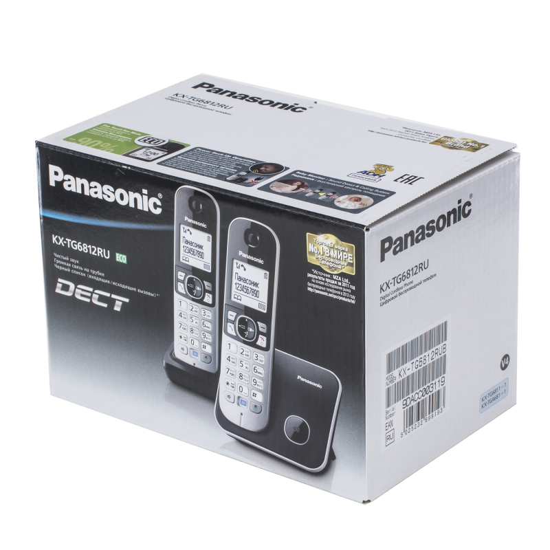 Беспроводной телефон Panasonic KX-TG6812RUB, черный, 2 трубки
