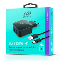 Зарядное устройство VSP 20652 USB, 2,1A Type-C, 1м, черный