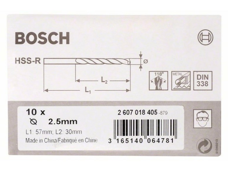 Сверло по металлу Bosch HSS-R 2.5х30 2607018405, 10 шт.