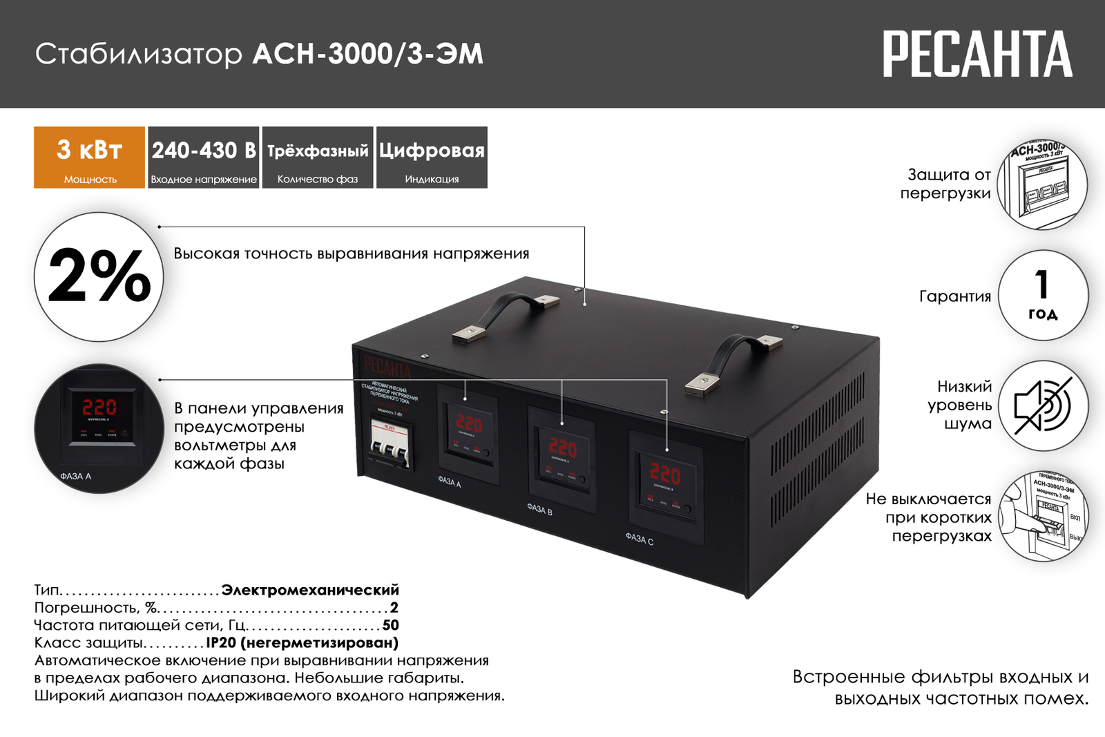 Стабилизатор напряжения Ресанта АСН-3000/3-ЭМ 63/4/1, черный