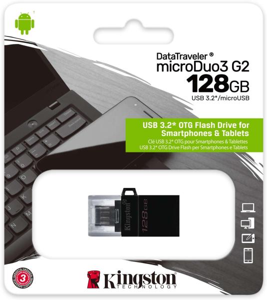 Kingston OTG DTDUO3G2 USB Flash картасы, 128Gb, қара түсті